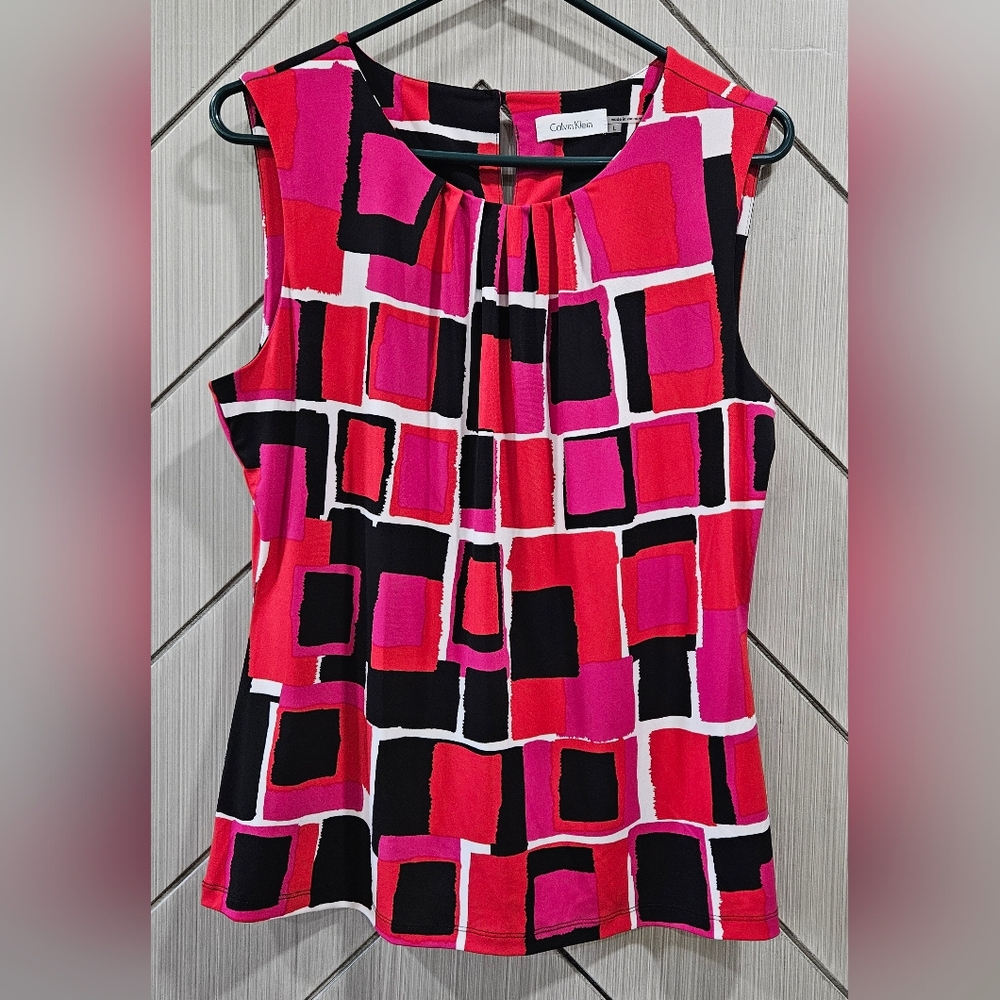 Calvin Klein Red and Pink Geometric Blouse